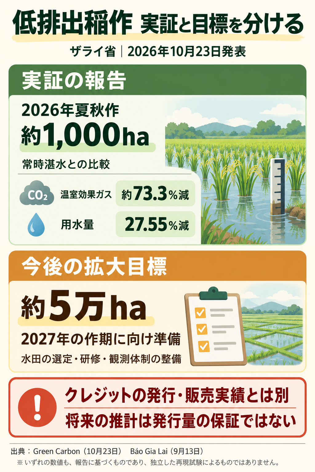 低排出稲作の実証約1000haと拡大目標5万ha